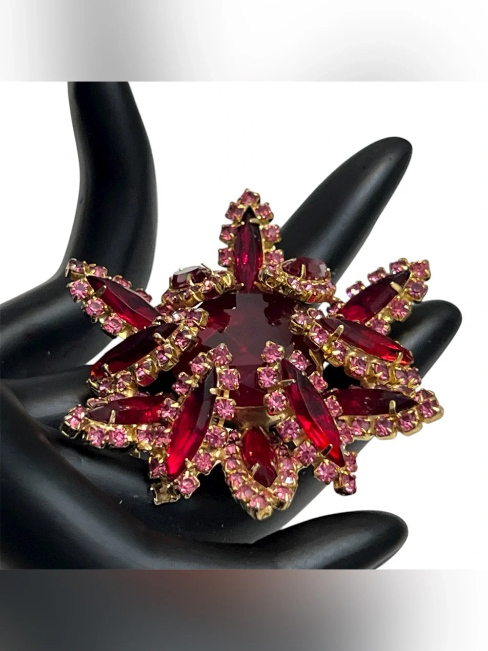 Vintage 1950s Unsigned High Tiered Ruby Red & Pink Rhinestone Starburst Brooch